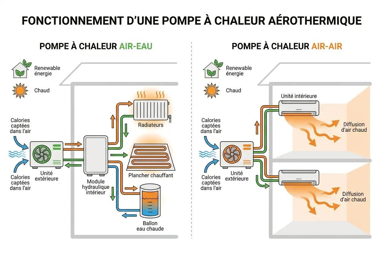 schéma fonctionnement pompe à chaleur air eau air air