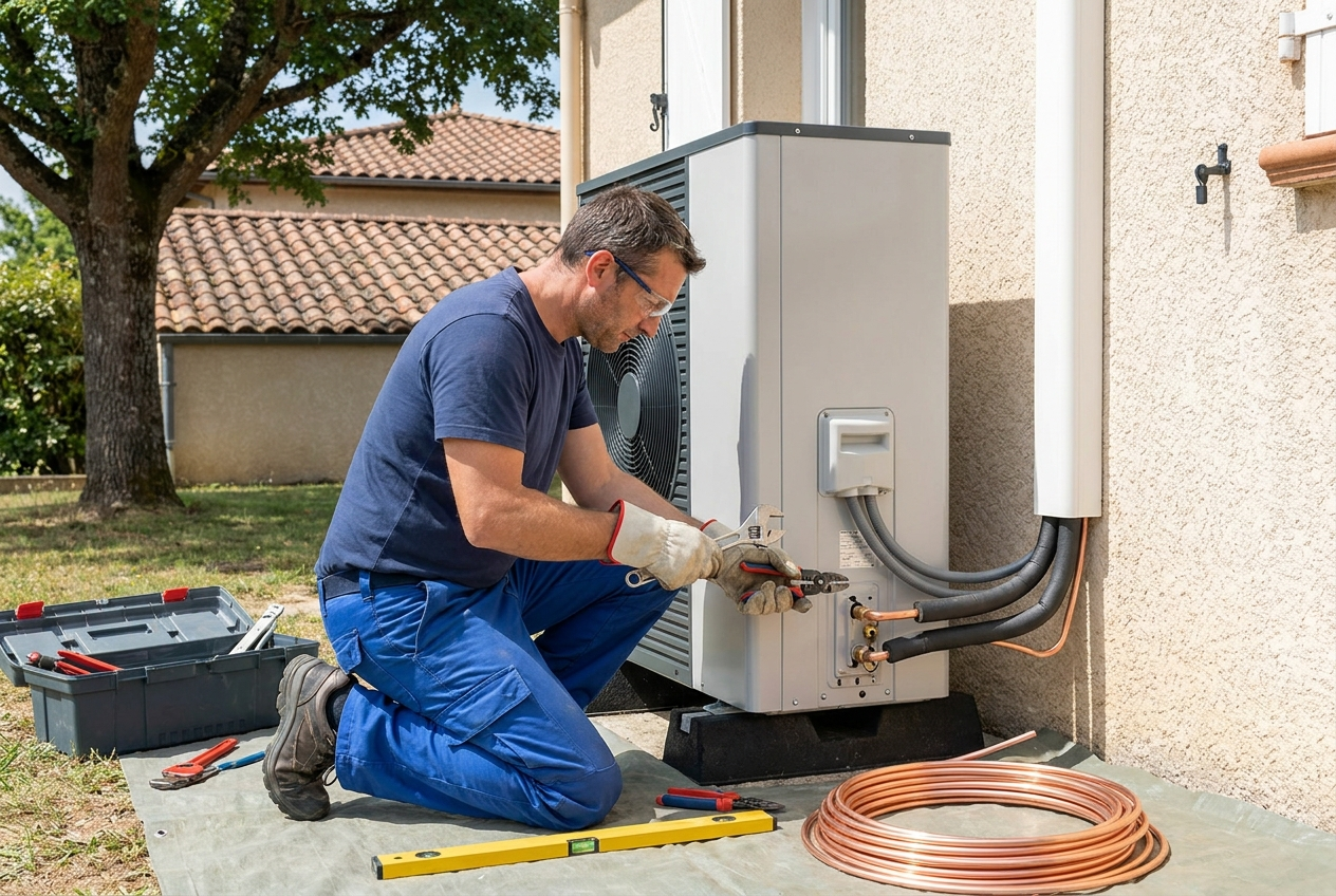 technicien H2E installant une pompe à chaleur RGE