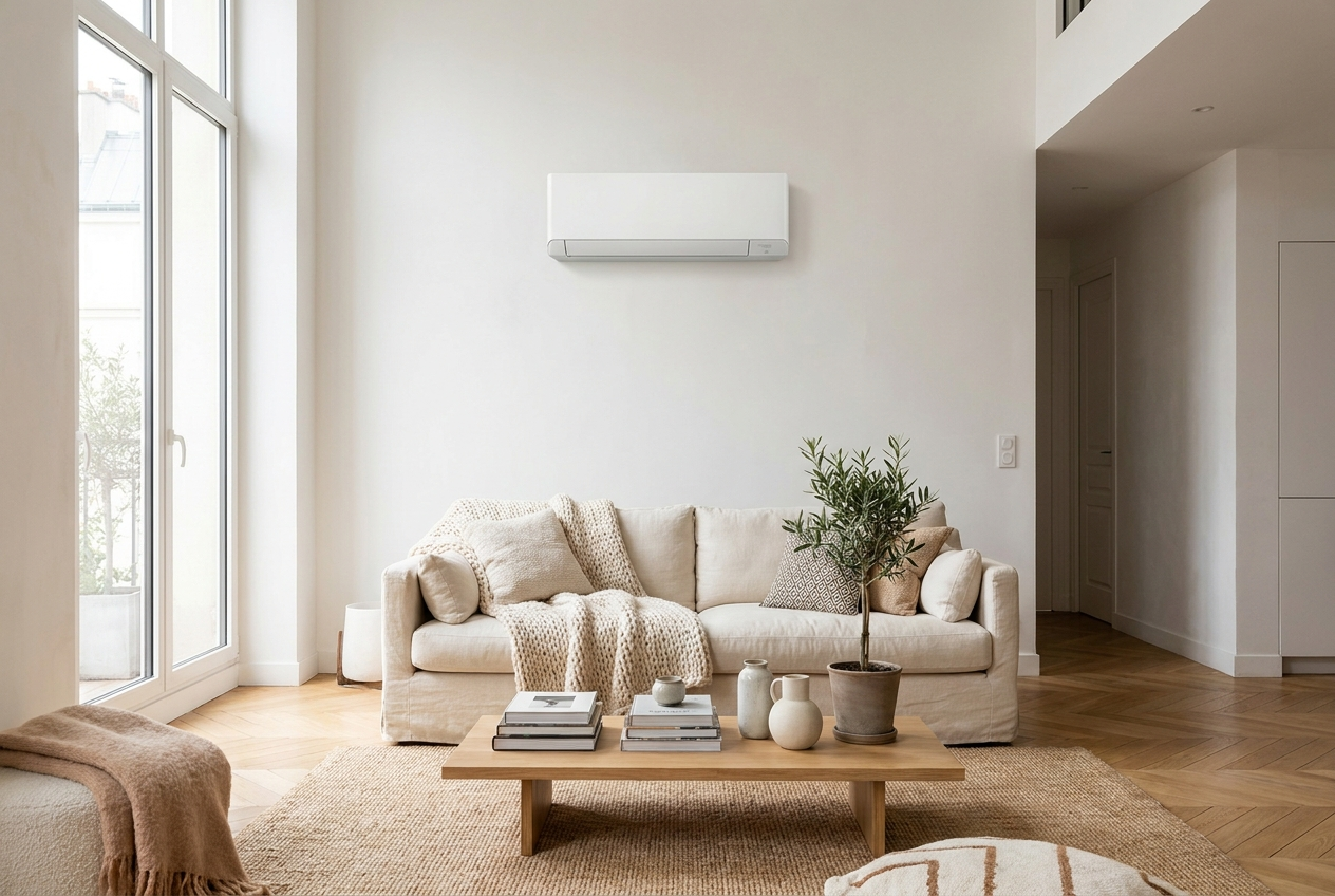 unité intérieure pompe à chaleur air air dans un salon