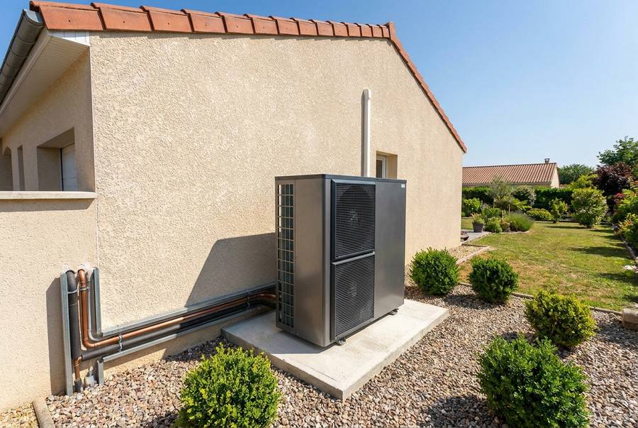 pompe à chaleur air eau installée devant une maison H2E